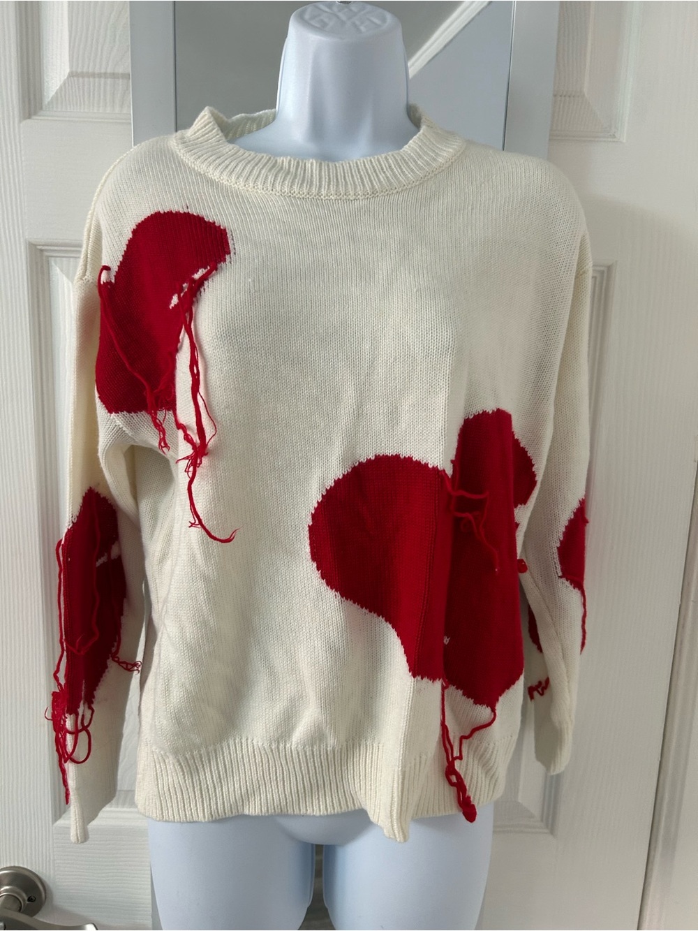 SHEIN Cream Knit Turtleneck Sweater with Red Heart Details